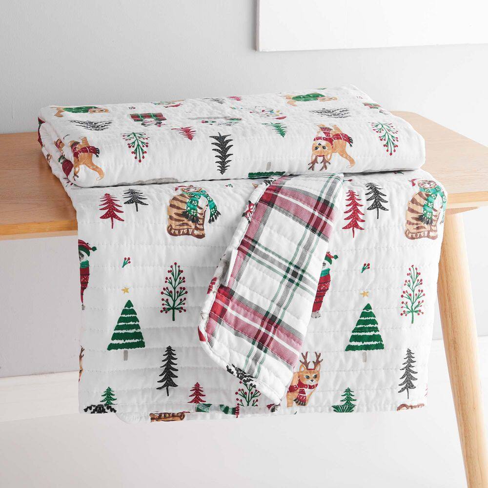 None Meowy Christmas Multicolor Holiday Cats Quilted Microfiber Throw Blanket