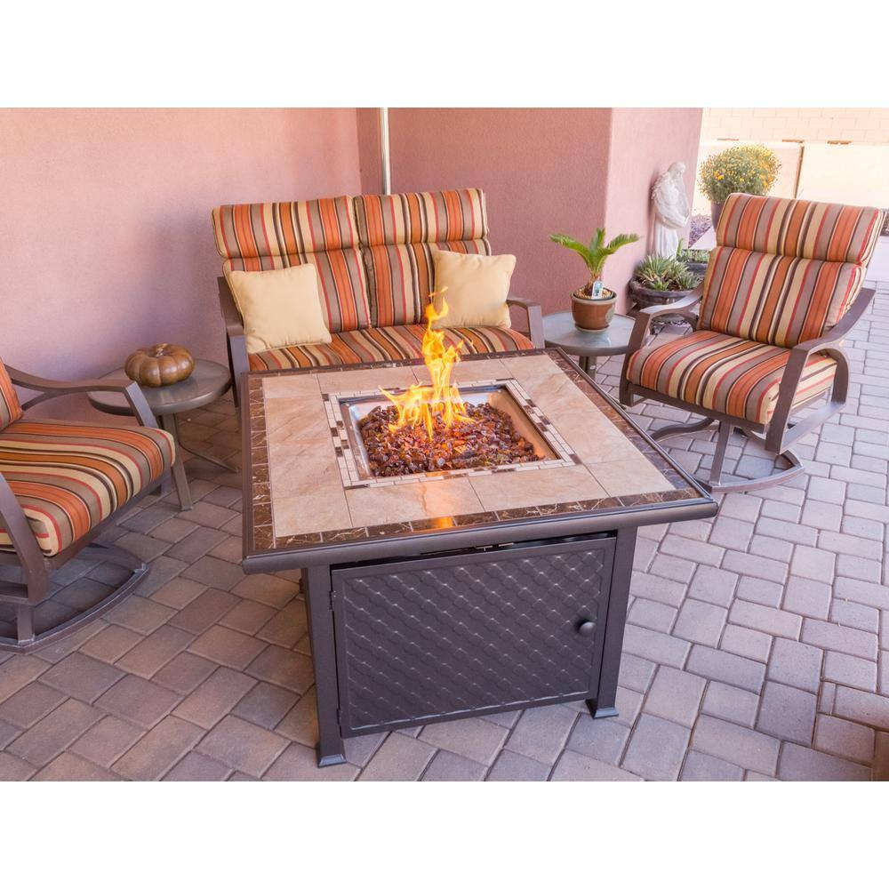 None 40 in. x 25 in. Square Marble Tile Top Propane Fire Pit