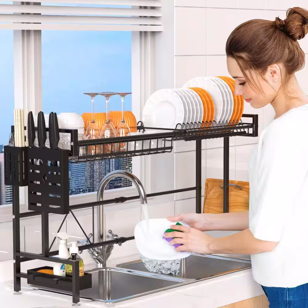 None 2-Tiers Stainless Steel Fingerprint-Proof Over Sink Drying Dish Rack with Utensil Holder, Cutting Board Holder in Black