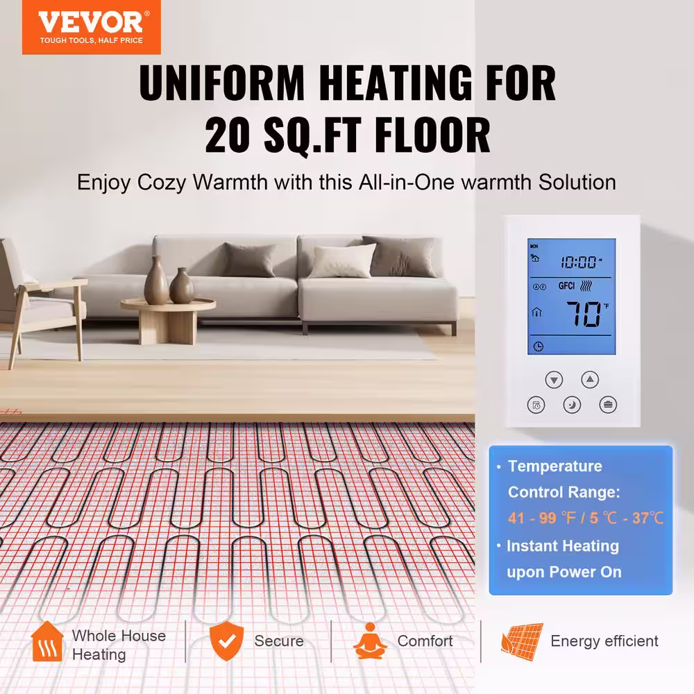 VEVOR Floor Heating Mat 20 Sq. ft Electric Radiant In-Floor Heated Warm System with Digital Floor Sensing Thermostat