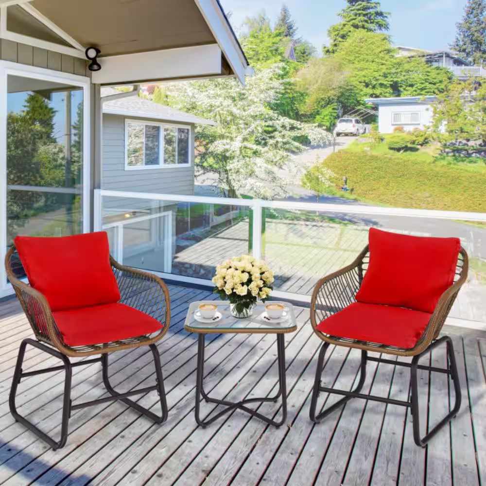 Clihome 3-Piece Wicker Patio Outdoor Bistro Set with Red Cushions and Square Glass Table