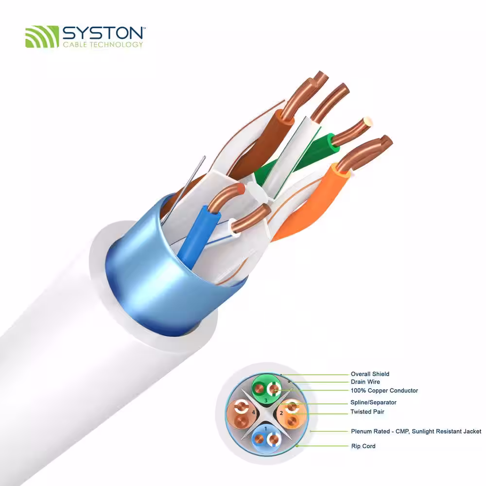 Syston Cable Technology 500 ft. White 23 AWG Solid Copper Cat6e FTP CMP Plenum Bulk Data Cable (4-Pair)