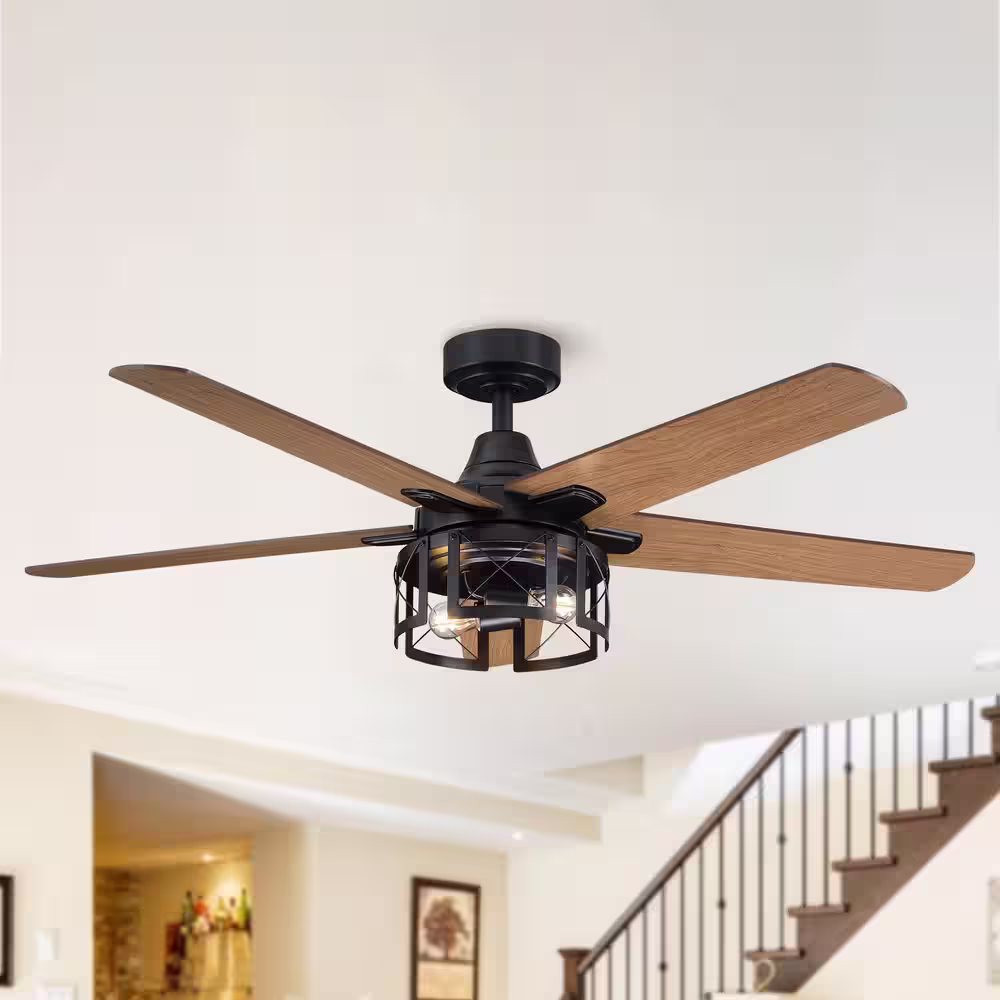 Parrot Uncle 52 in. Industrial Reversible Blades Matte Black Ceiling Fan with Remote Control and Light Kit