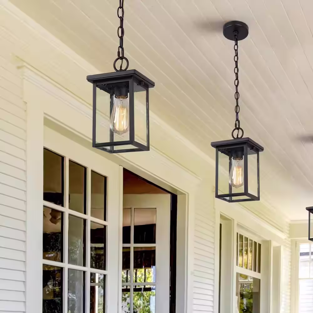 LNC Matte Black Rustic Outdoor Hanging Lantern, Mini Farmhouse 1-Light Square Outdoor Pendant Light with Seeded Glass Shade