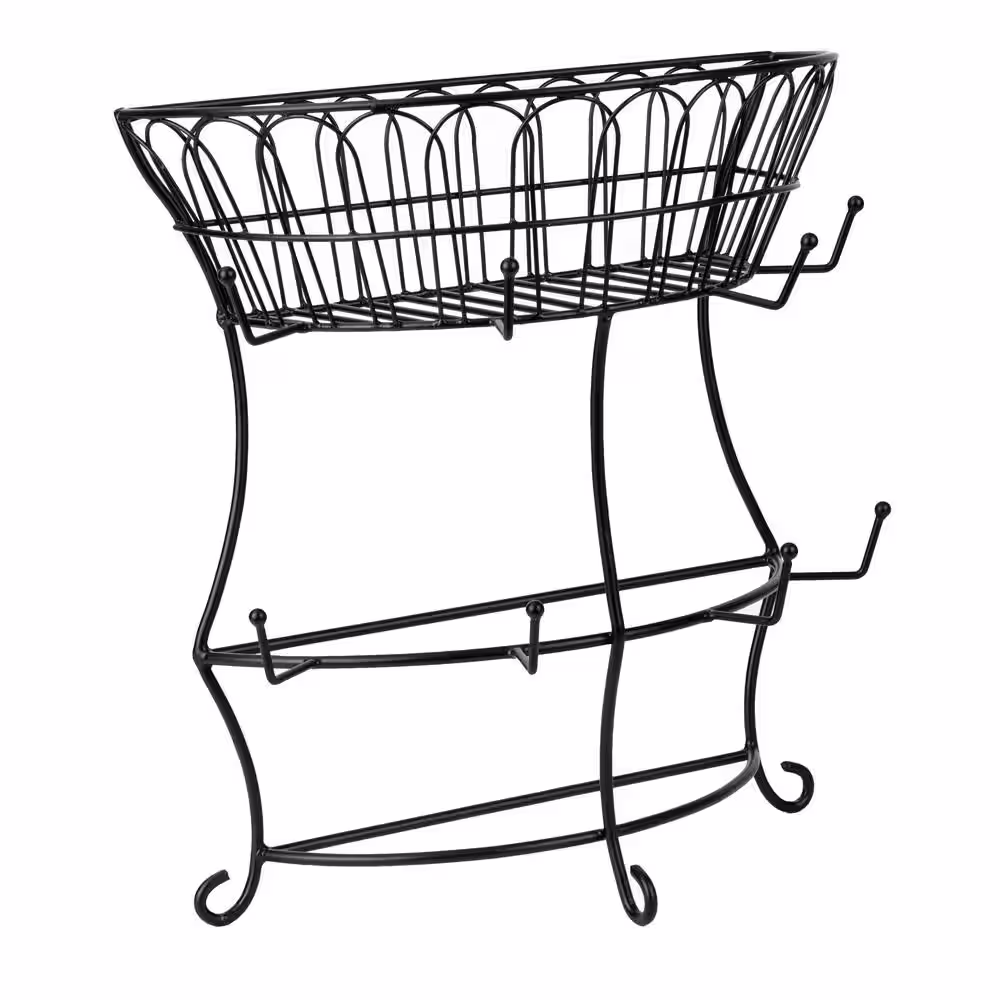Mind Reader 8-Hook Black Mug Tree with Basket for Coffee Pod Storage