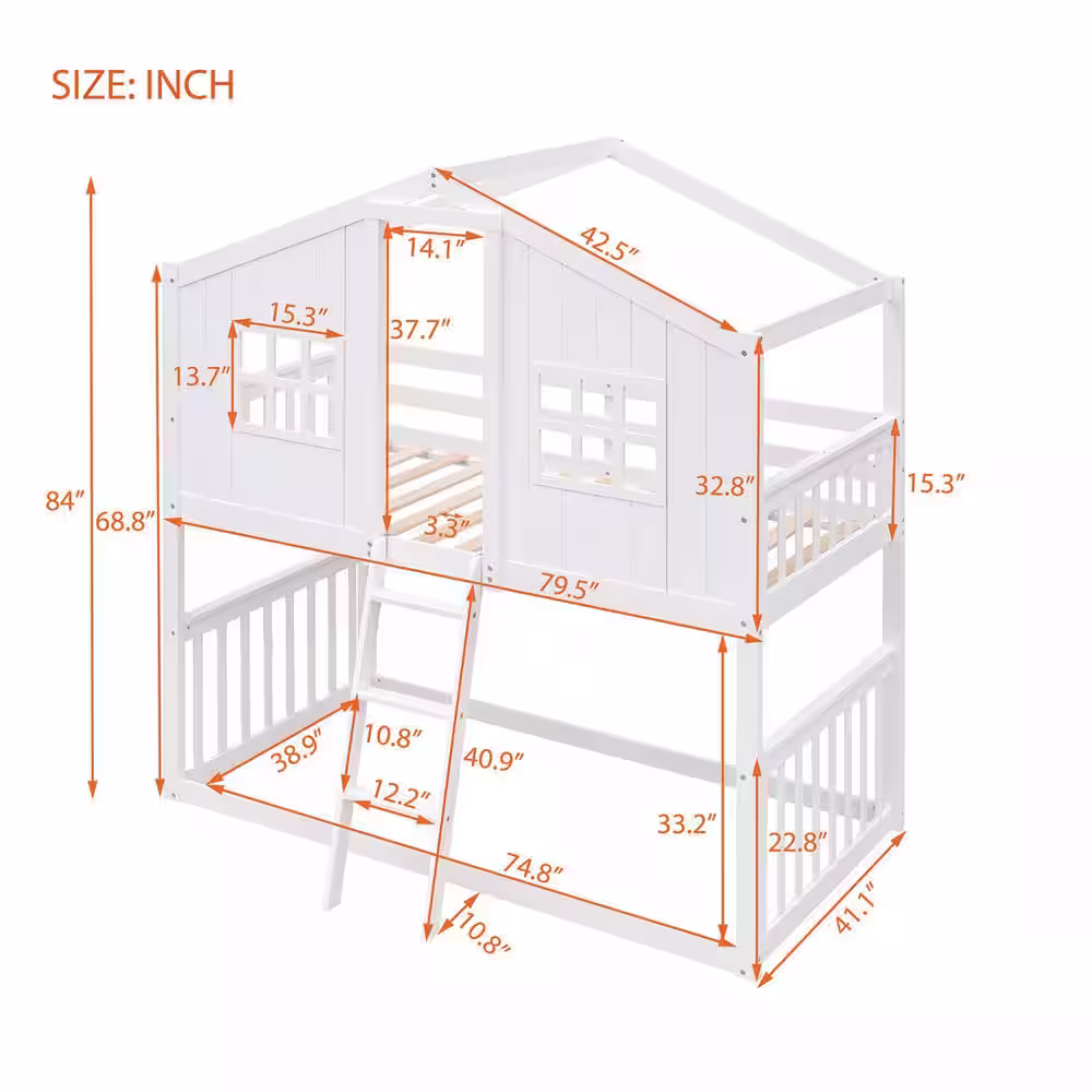 Harper & Bright Designs White Twin Over Twin Wood House Bunk Bed With Ladder