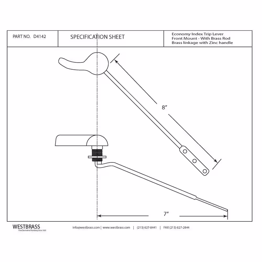 Westbrass Front Mount Toilet Tank Trip Lever with Brass Rod in Polished Brass