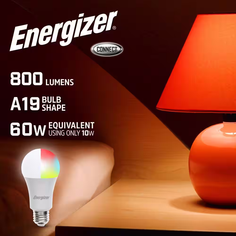 Energizer 60W Equivalent A19 Dimmable Multi-White and Multi-Color LED Smart Wi-Fi Light Bulb -4 pack