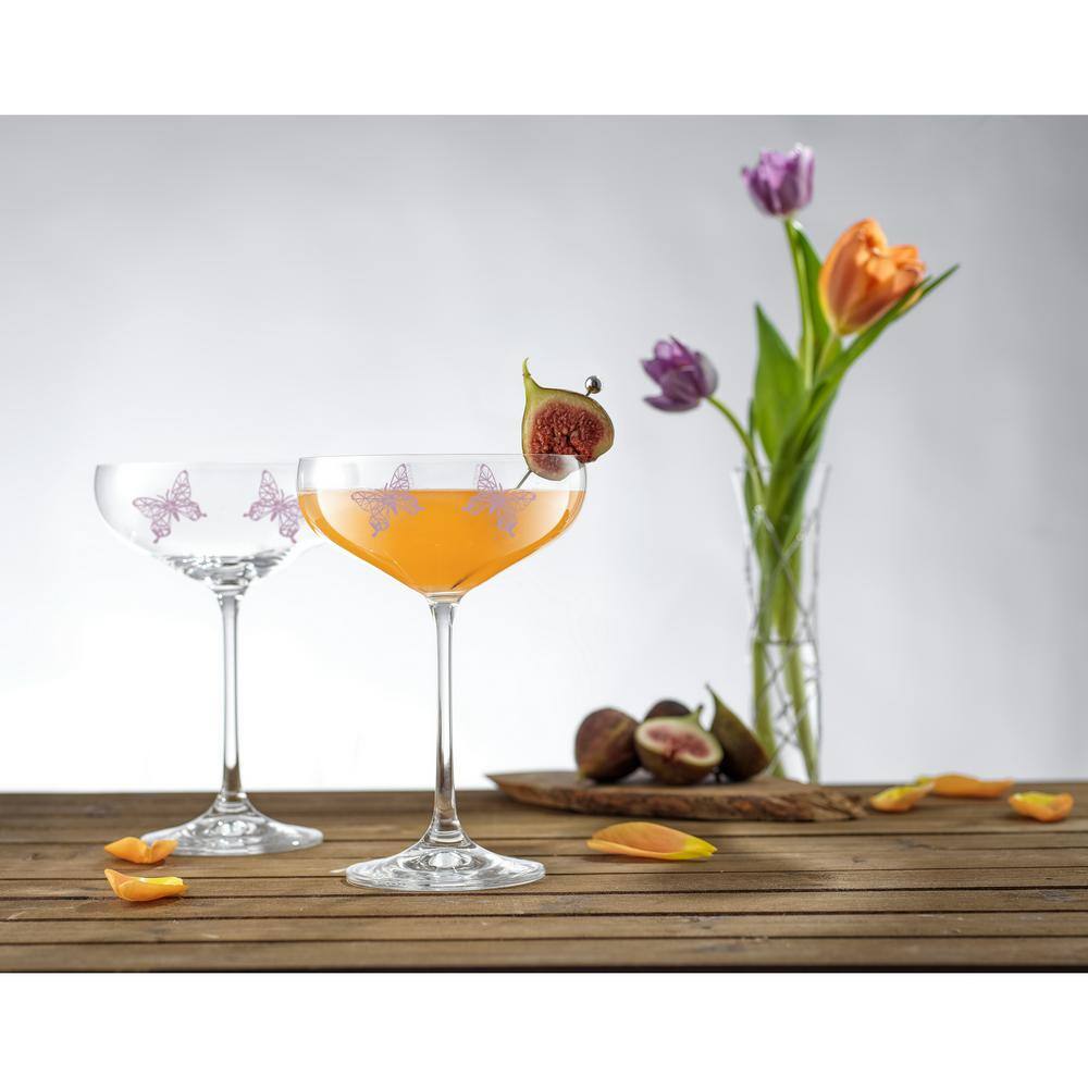JoyJolt Meadow Butterfly 14 oz. Crystal Stemmed Martini Coupe Glass Set (Set of 2)