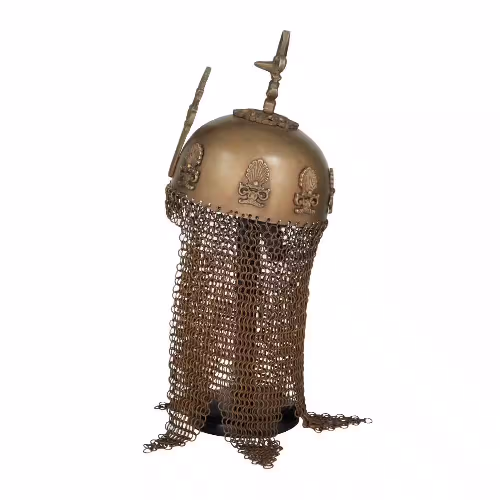 Litton Lane Brass Metal Replica Medieval Ottoman Islamic Helmet with Black Wood Stand and Chainmail