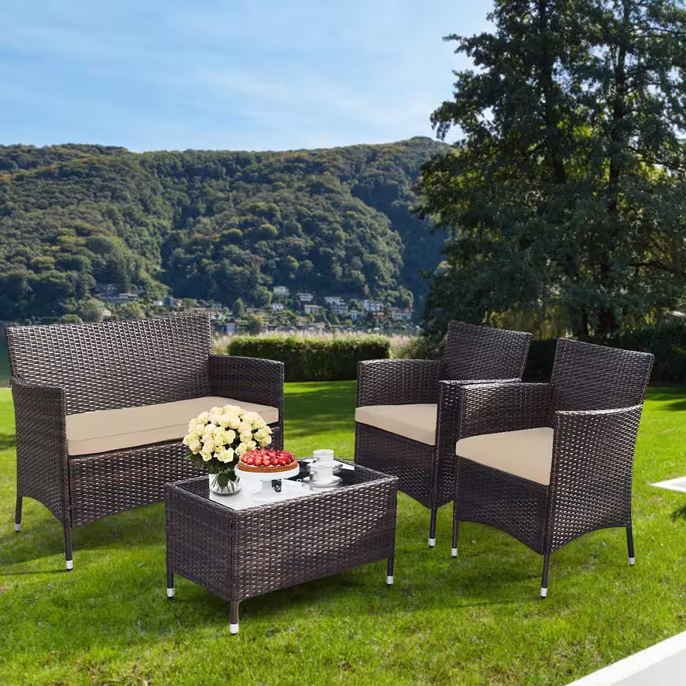 Gymax 4-Pieces Rattan Patio Outdoor Furniture Set with Beige Cushioned Chair Loveseat Table