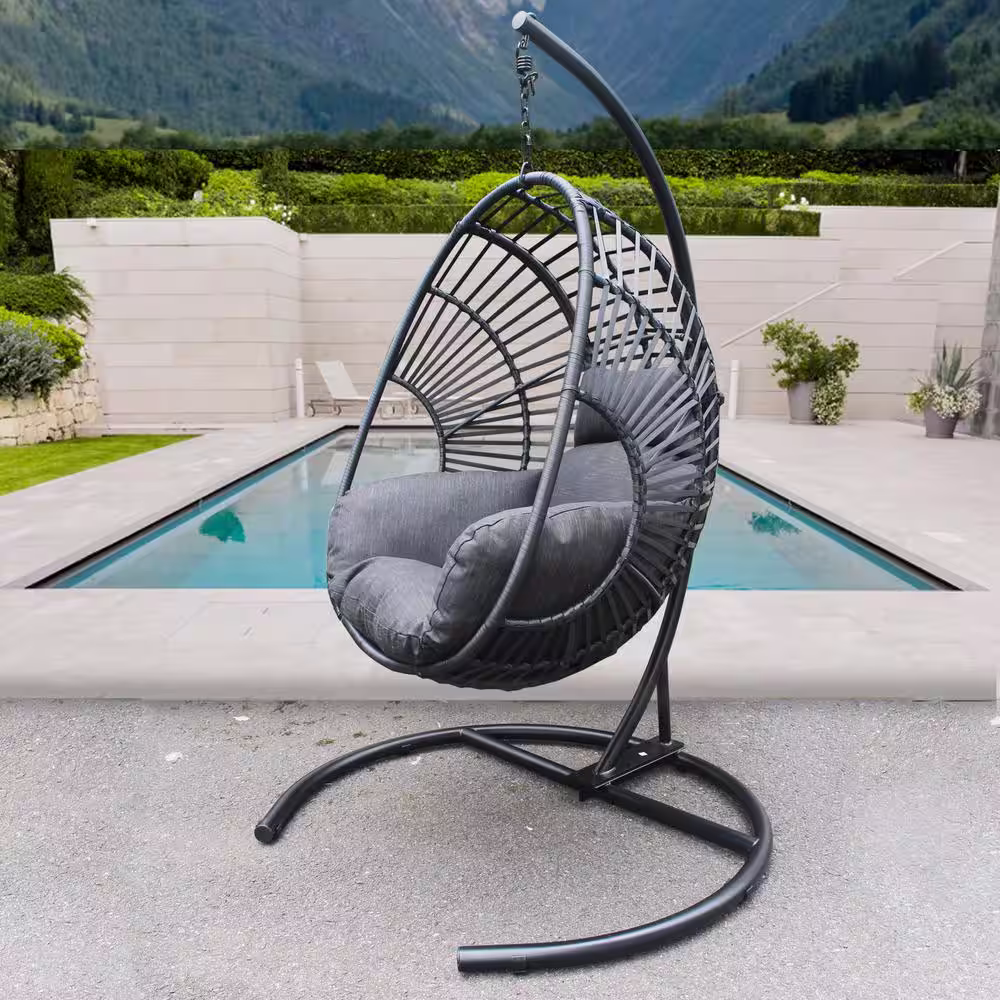 None 6.1 ft. Outdoor Indoor Freestanding Hanging Grey Wicker Swing Egg Chair Hammock Chair With Large C-bracket And Cushion