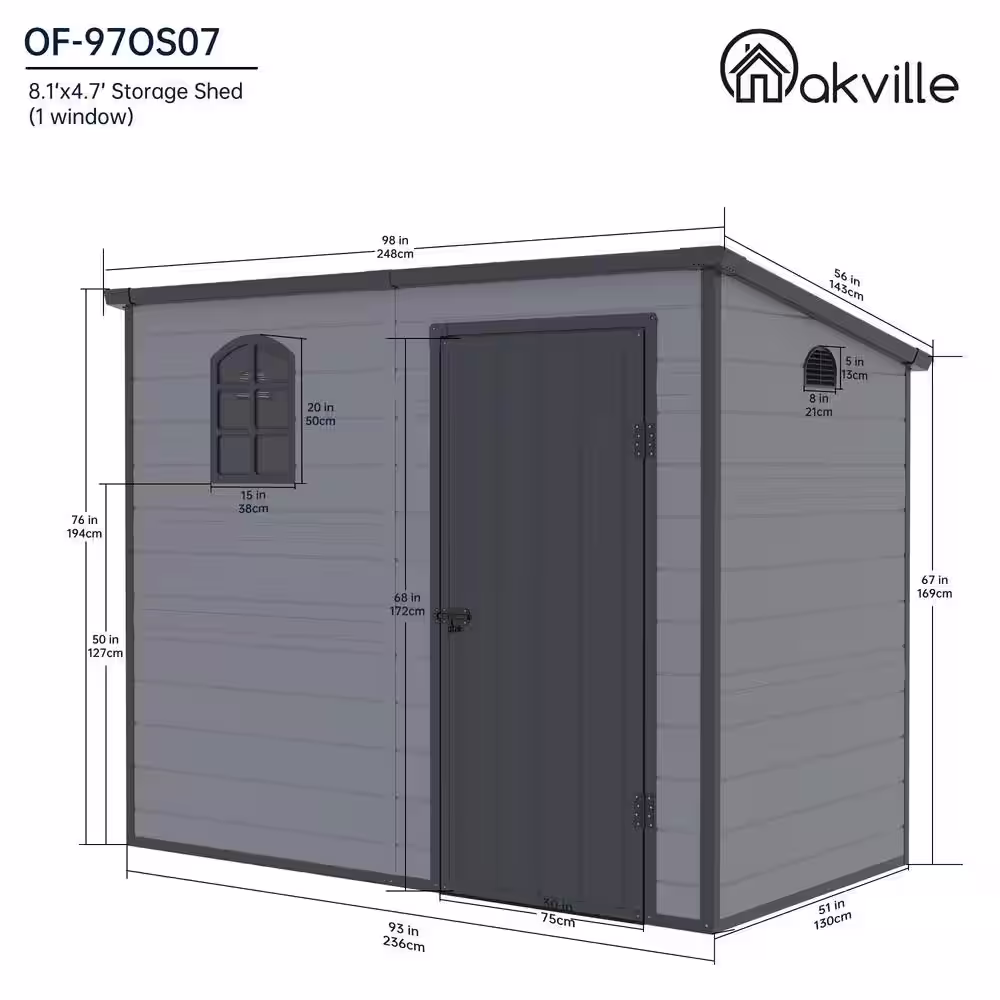None 8.1 ft. W x 4.7 ft. D Plastic Outdoor Patio Storage Shed with Floor and Lockable Door Coverage Area 38.1 sq. ft.