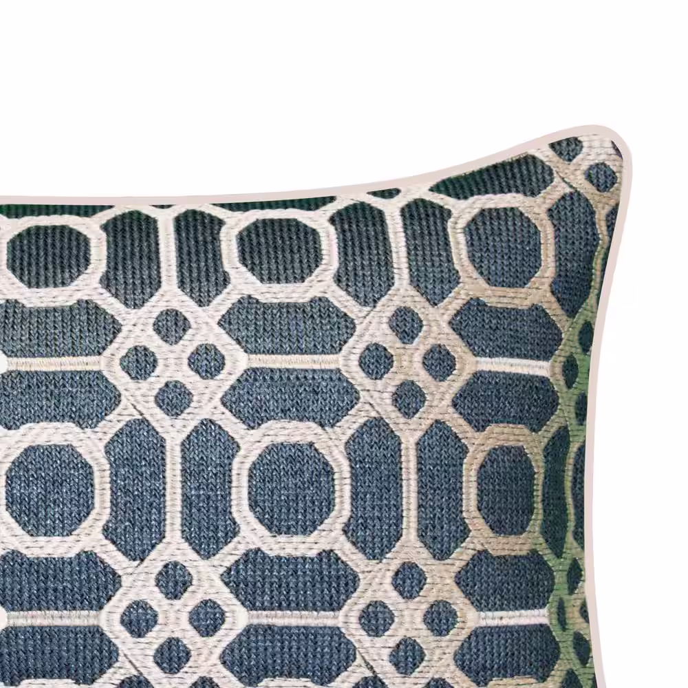 Edie@Home Indoor and Outdoor Navy Raffia Geometric Embroidery Lumbar 13 in. x 21 in. Decorative-Pillow
