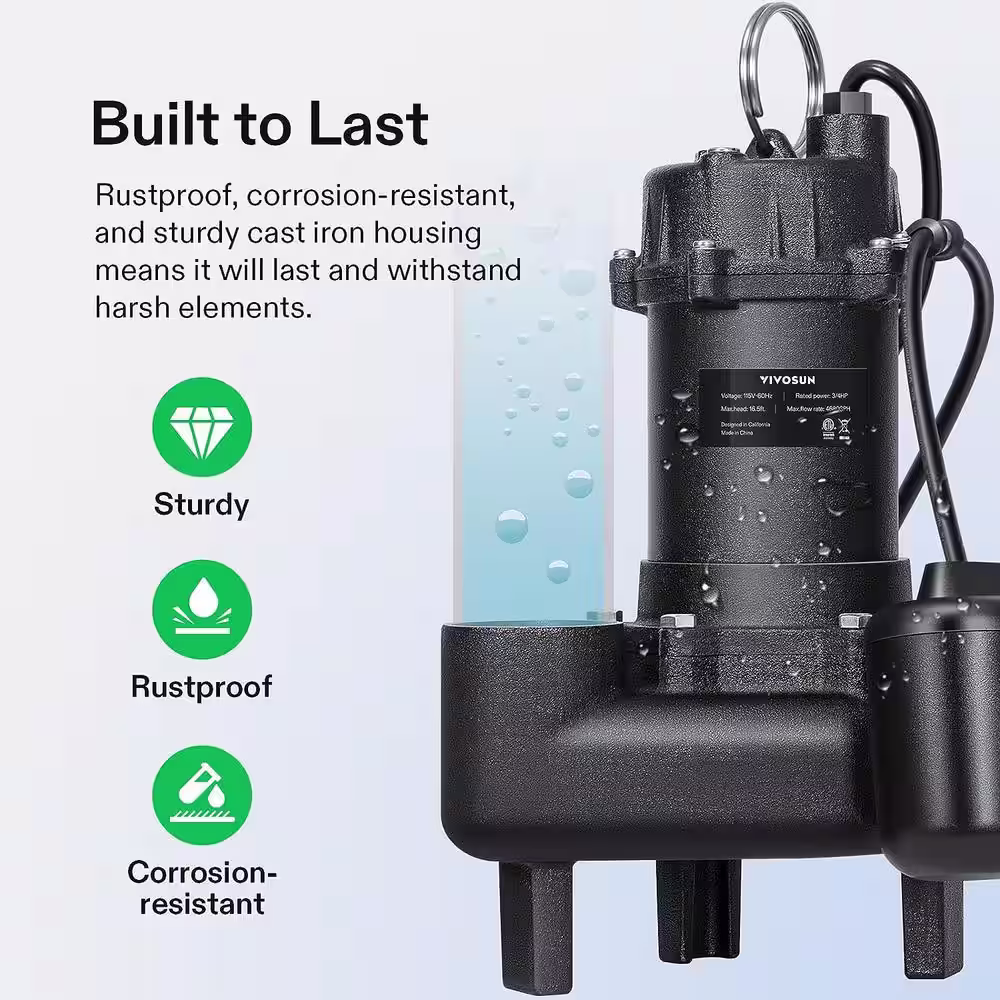 VIVOSUN 4680 GPH 3/4 Hp. Submersible Sewage/Effluent Pump with Automatic Adjustable Float Switch and 2 in. NPT Discharge