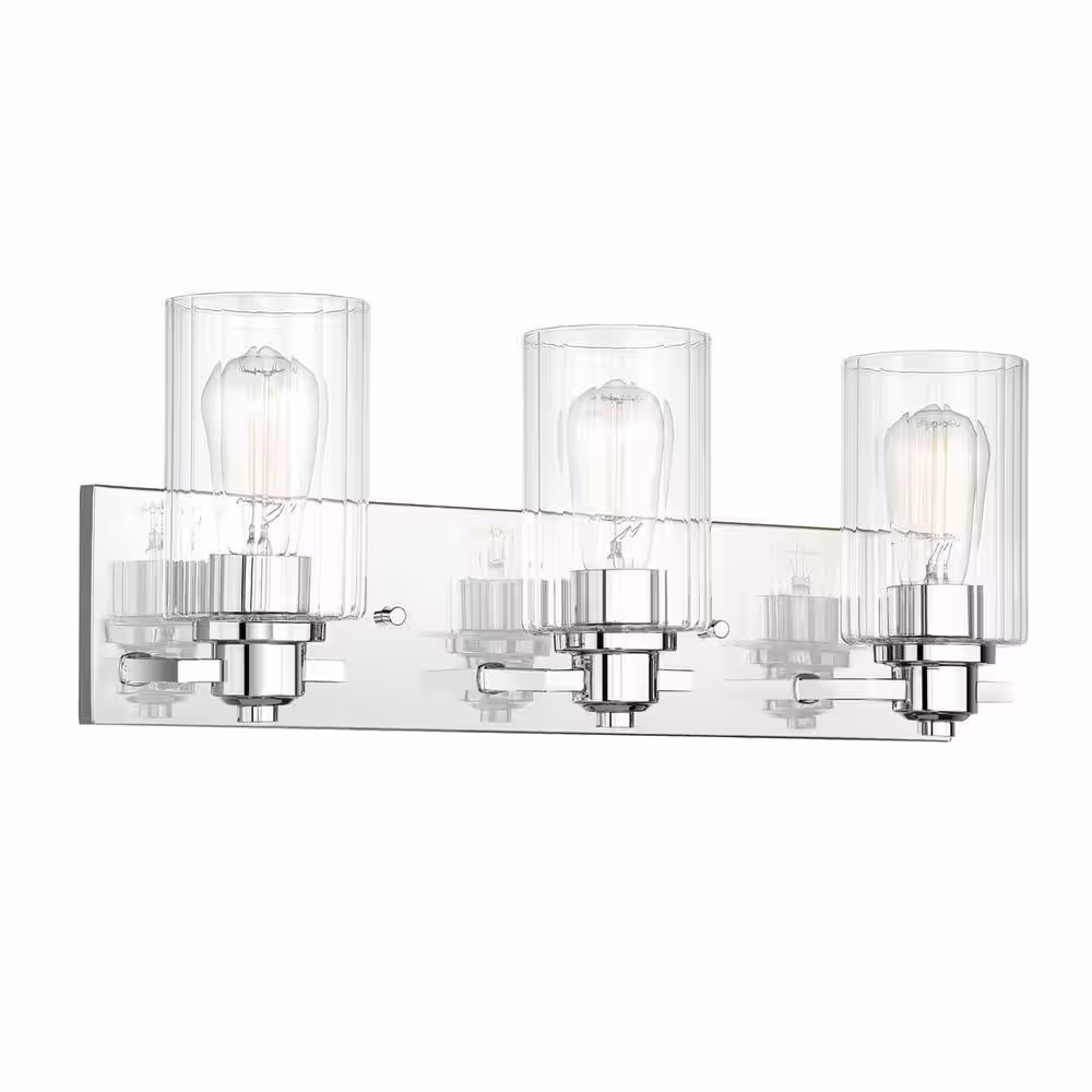 KAWOTI 20.5 in. 3-Light Chrome Vanity Light with Ribbed Glass Shades