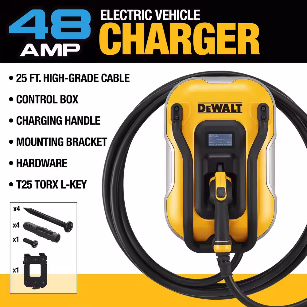 DEWALT 25 ft. cord 48 Amp, 240-Volt AC 11.5 Kw, Weatherproof Level 2, Heavy-Duty Smart Electric Vehicle Charging Station