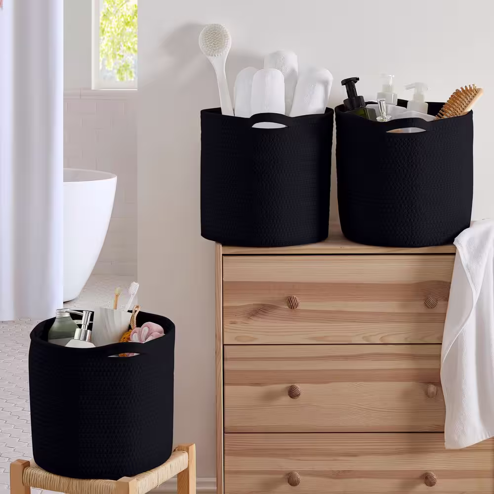 None 3 Pack Woven 100% Cotton Rope Shelf Storage Basket with Handles - 11x11x11
