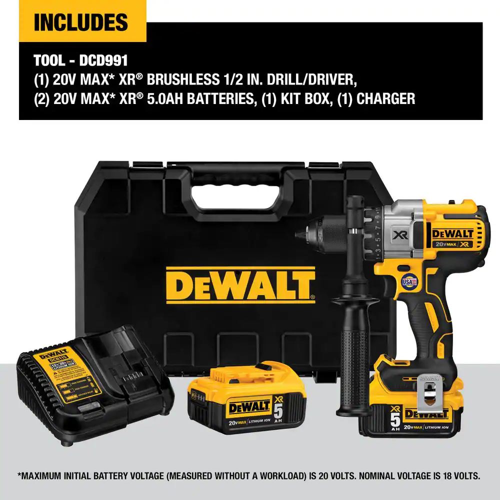 DEWALT 20V MAX XR Cordless Brushless 3-Speed 1/2 in. Drill/Driver with (2) 20V 5.0Ah Batteries and Charger