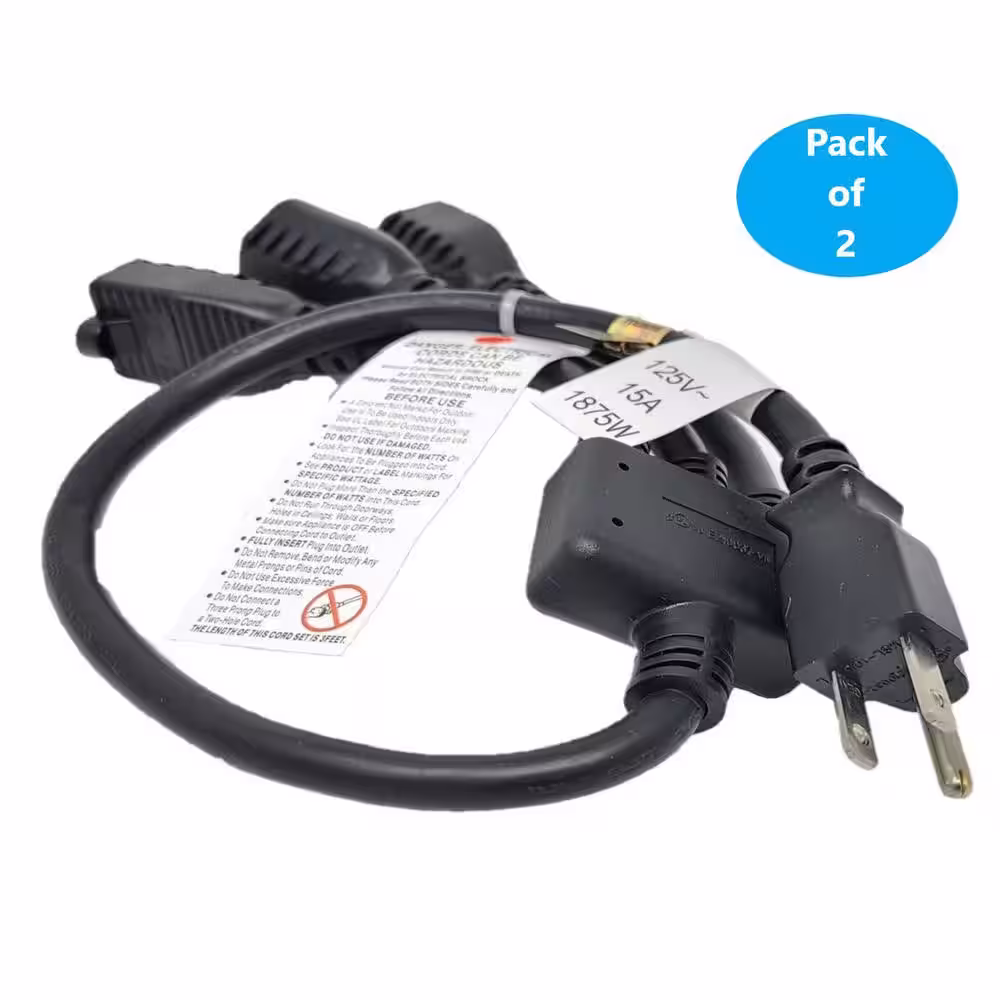 Micro Connectors, Inc 14 in. (1.16 ft.) 1 to 3 Heavy-Duty 14/AWG 3-Conductors Indoor Power Cord Splitter NEMA 5-15P to 5-15R x 3 Black 2-Pack