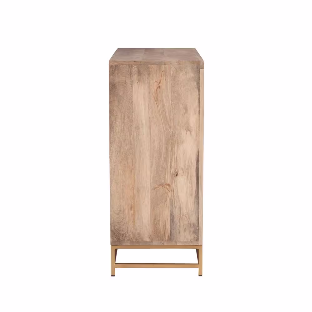 Linon Home Decor Casper Natural Rattan Cabinet Two Sliding Doors and Gold Legs