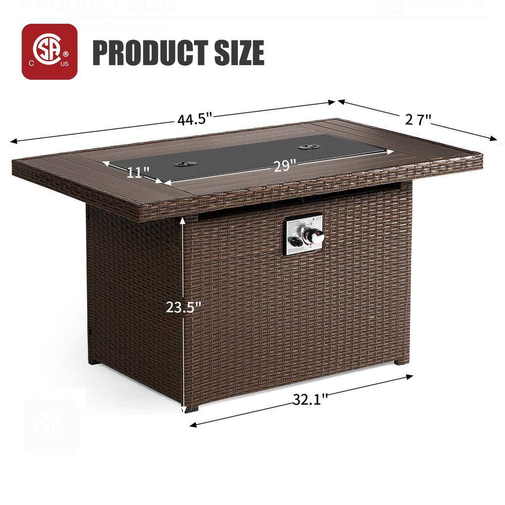 None 44 in. 50,000 BTU Rectangular Brown Wicker Outdoor Fire Pit Table with Rain Cover Propane Gas