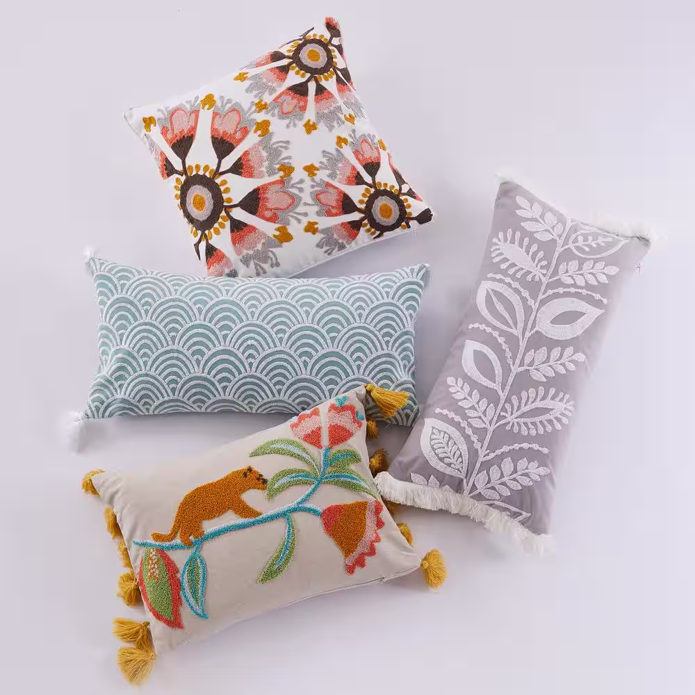 None Melina Multicolor Embroidered Tropical Floral With Side Tassels 14 in. x 20 in. Throw Pillow