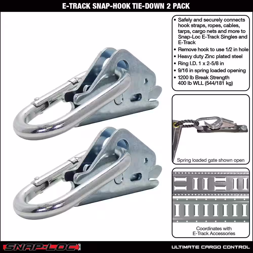 SNAP-LOC 1-1/2 x 3-1/8 Zinc-Plated Spring-Loaded Snap Hook to Connect Rope, Cable and Hook Straps to E-Tracks (2-Pack)