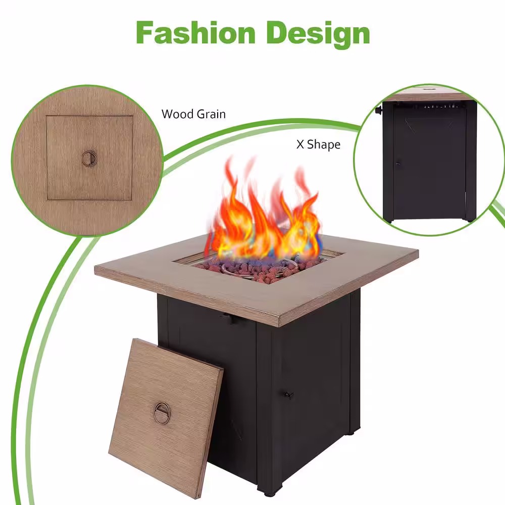 None 28 in. 48,000 BTU Outdoor Gas Fire Pit Table, Square Outdside Propane Patio Firetable, Bionic Wood Grain Lid