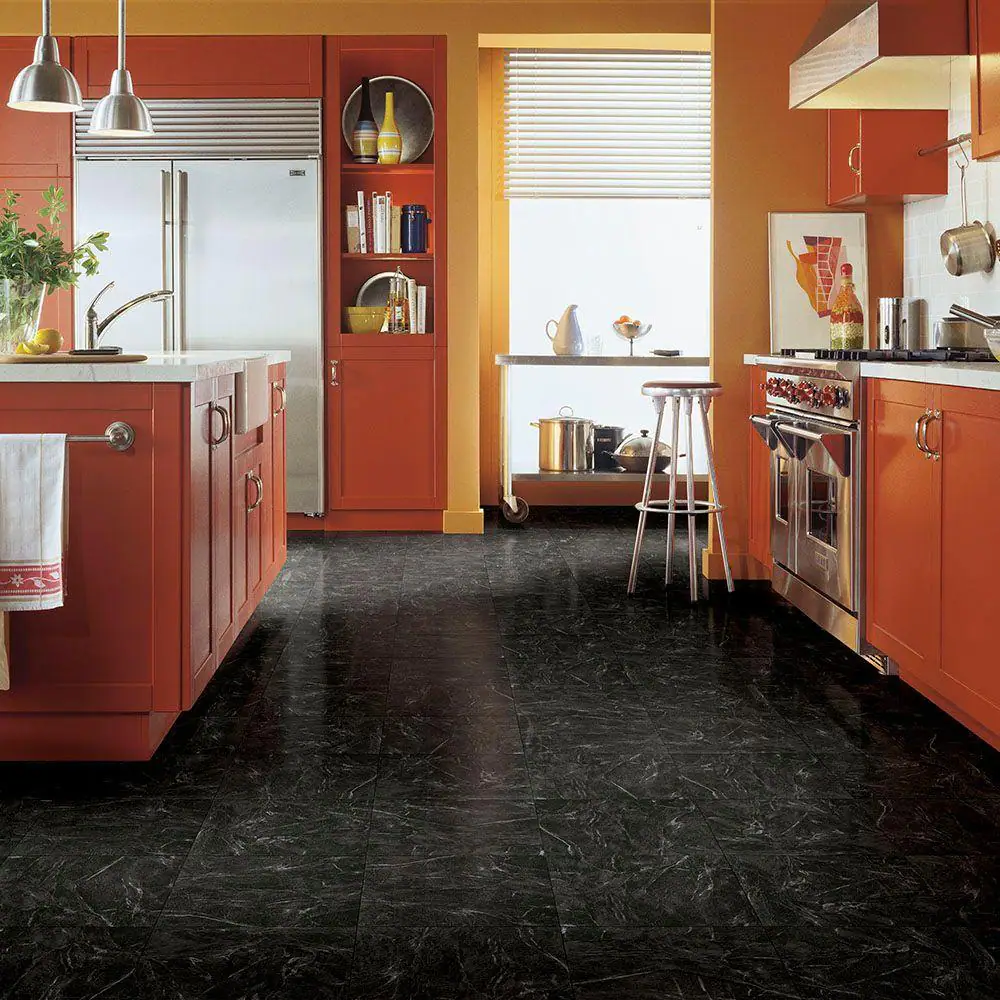TrafficMaster Black Marble 3 MIL x 12 in. W x 13 in. L Peel and Stick Water Resistant Vinyl Tile Flooring (30 sqft/case)
