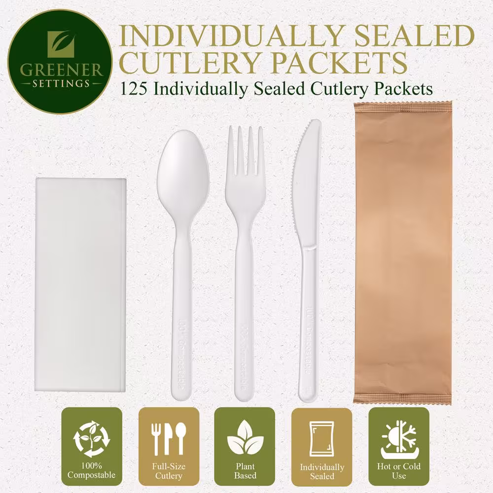 GREENER SETTINGS Ivory Individually Wrapped Disposable CPLA Utensil Packets, Fork/Knife/Spoon/Napkin [125 Packets]