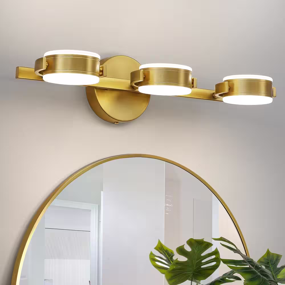 None 18.8 in. 3-Light Brushed Gold Dimmable LED Vanity Light 22-Watt Rotatable 360Â° Bathroom Light Fixture