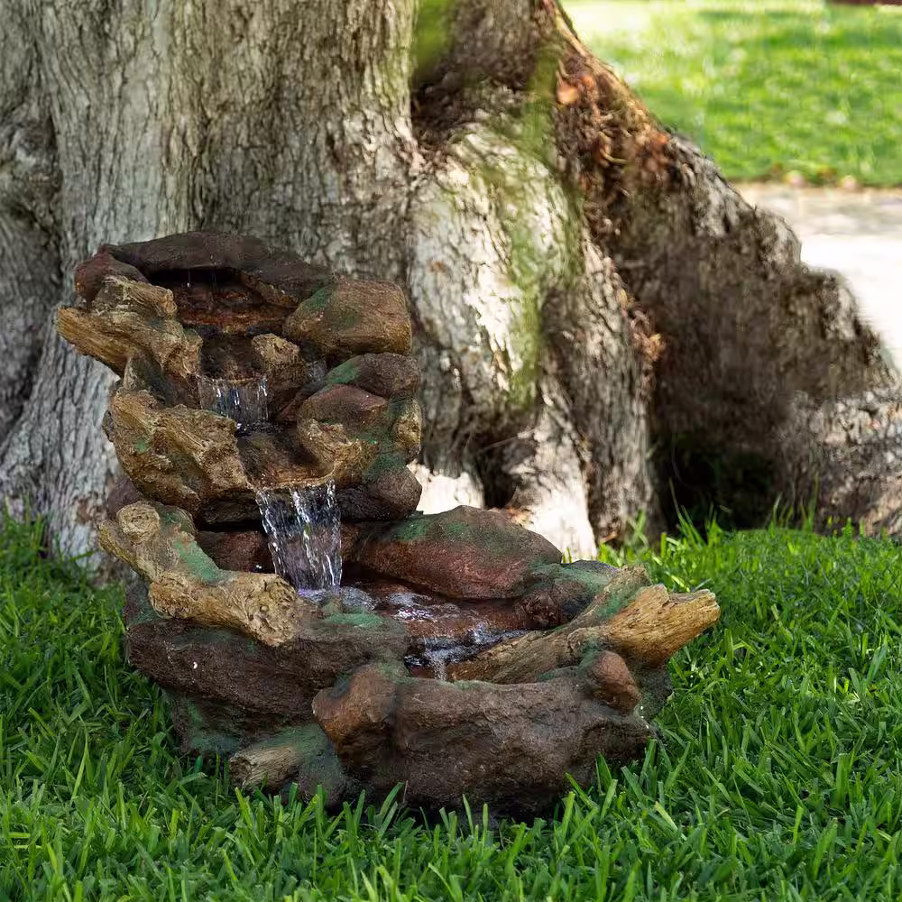 Alpine Corporation 20 in. Tall Indoor/Outdoor Stone River Rock Fountain with LED Lights