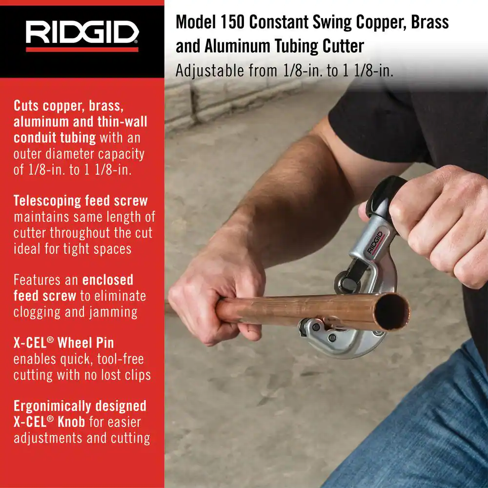 RIDGID 1/8 in. to 1-1/8 in.150 Constant Swing Copper Pipe & Stainless Steel Tubing Cutter w Easy Change Wheel Pin + Spare Wheel