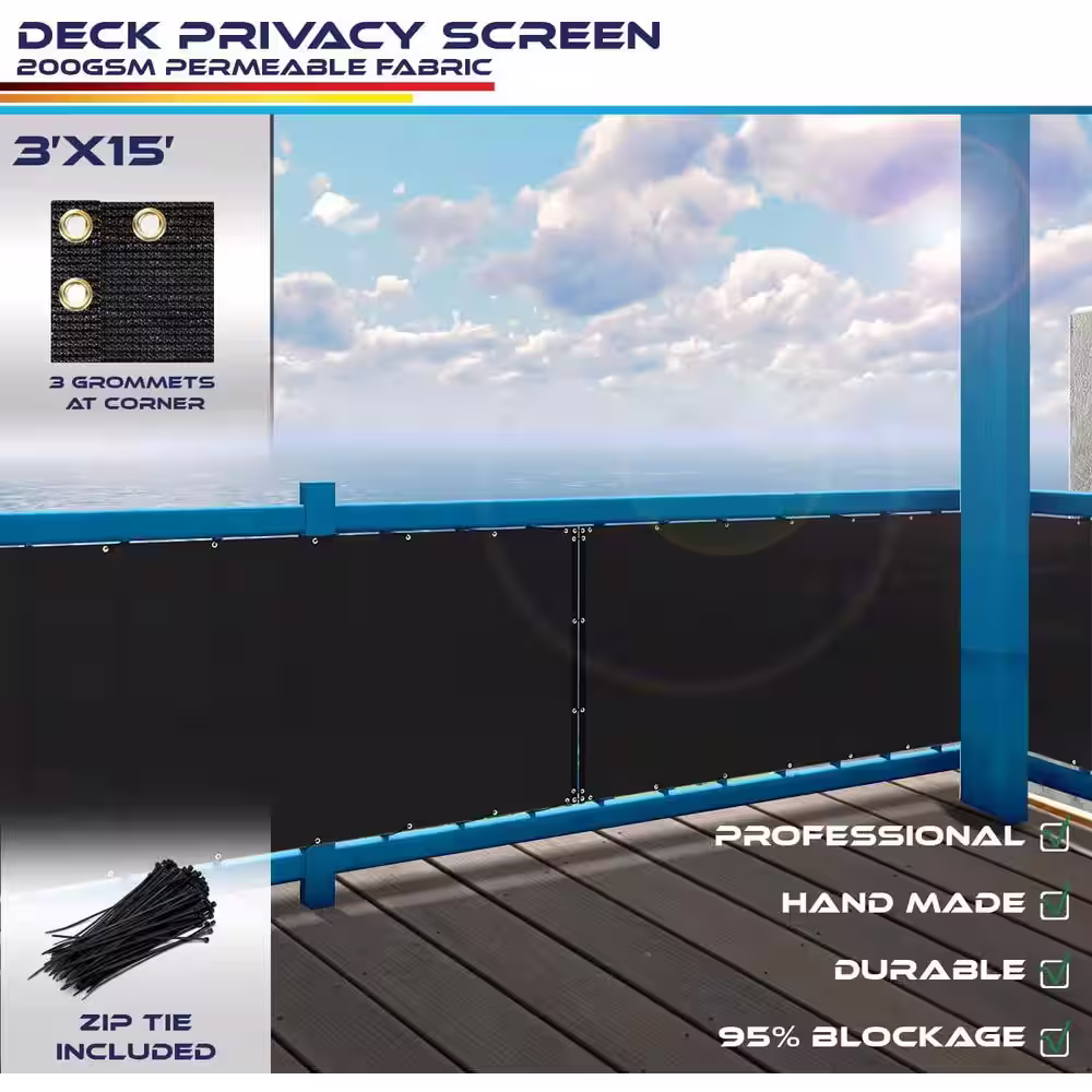 None 3 ft. x 15 ft. Deck Balcony Privacy Screen for Deck Pool Fence Railings Apartment Balcony Privacy Screen, Black