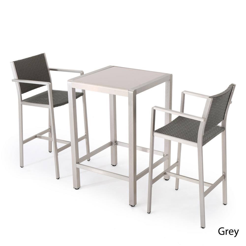 Noble House Cape Coral Silver 3-Piece Aluminum Square Outdoor Bar Height Bistro Set