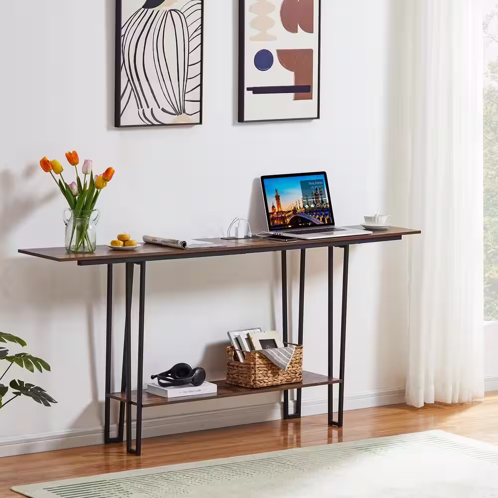 VECELO Modern Narrow Console Tables 70.8 in. L Rectangle Wood Console Table with Shelves, Sofa Side Table, Foyer Table Brown