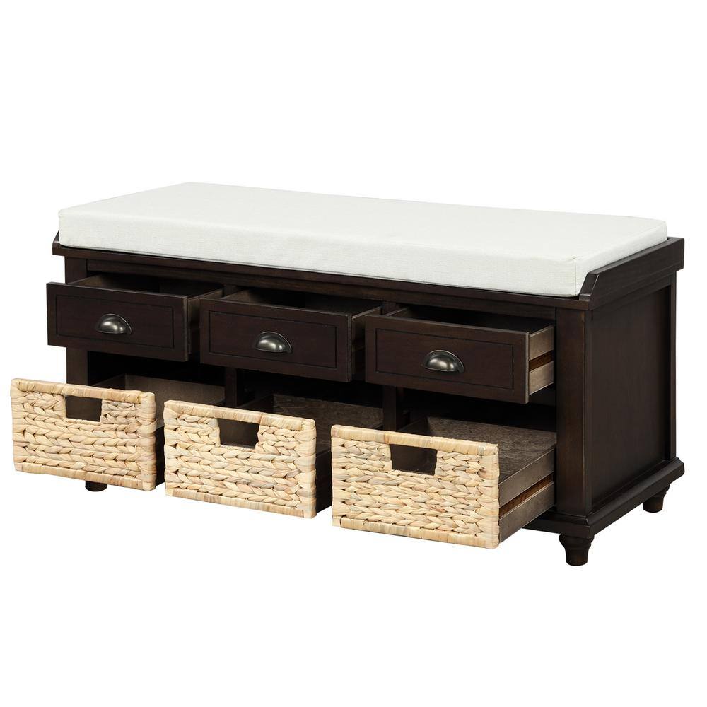 None Maddie 18.70 in. H x 42.10 in. W Espresso Wood Shoe Storage Bench with 3 Drawers and 3 Rattan Baskets