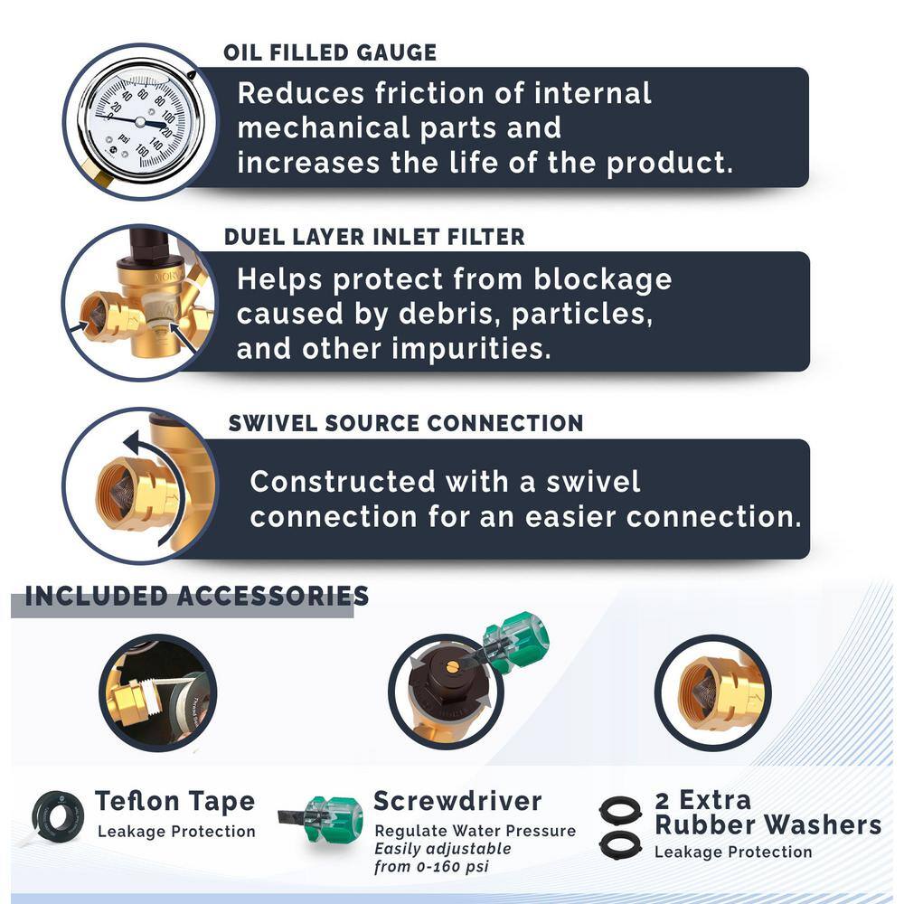 None 3/4 in. Brass Heavy Duty Water Pressure Regulator with Gauge Includes Screwdriver 2 Rubber Washers and Teflon Tape