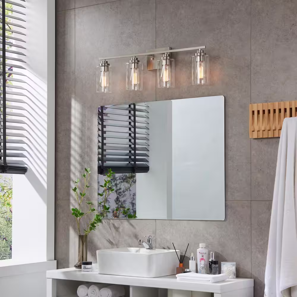 KAWOTI 30 in. 4-Light Brushed Nickel Vanity Light with Clear Glass Shade