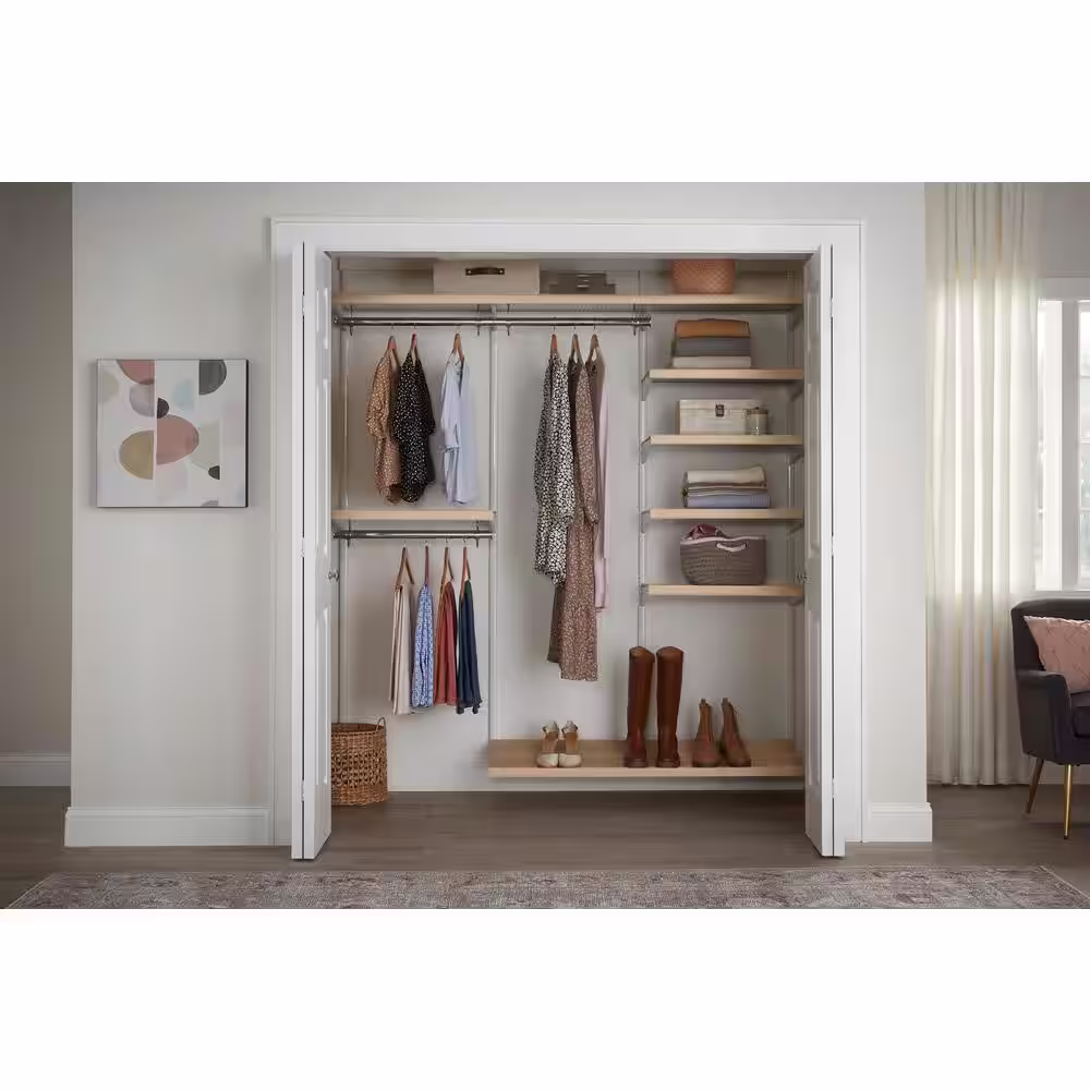 Everbilt Genevieve 6 ft. Birch Adjustable Closet Organizer Double and Long Hanging Rods with Shoe Rack and 5 Shelves