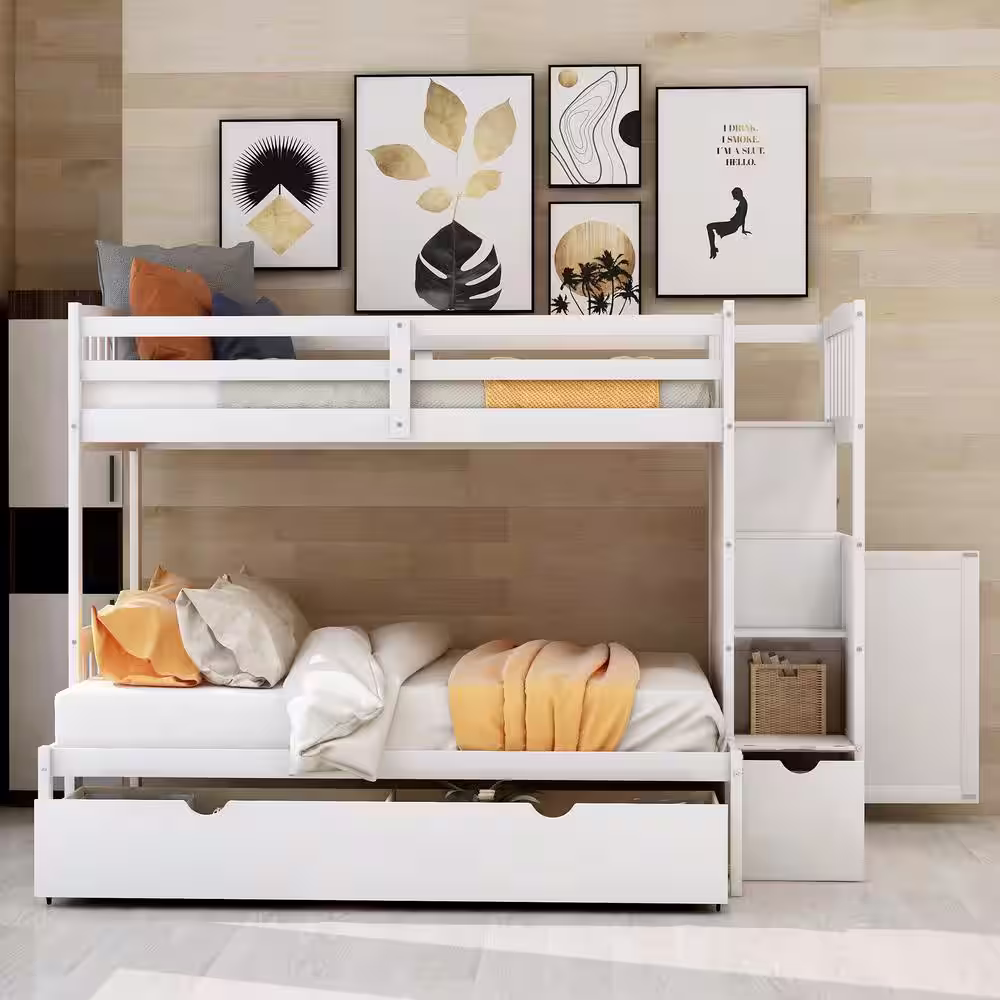 ANBAZAR White Twin Over Full Bunk Bed With Shelves and Drawers, Wood Bunk Beds for Kids, Bunk Bed with Convertible Bottom Bed