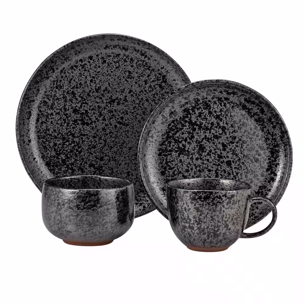 Over and Back Volcanic 16-Piece Casual Black Stoneware Dinnerware Set (Service for 4)