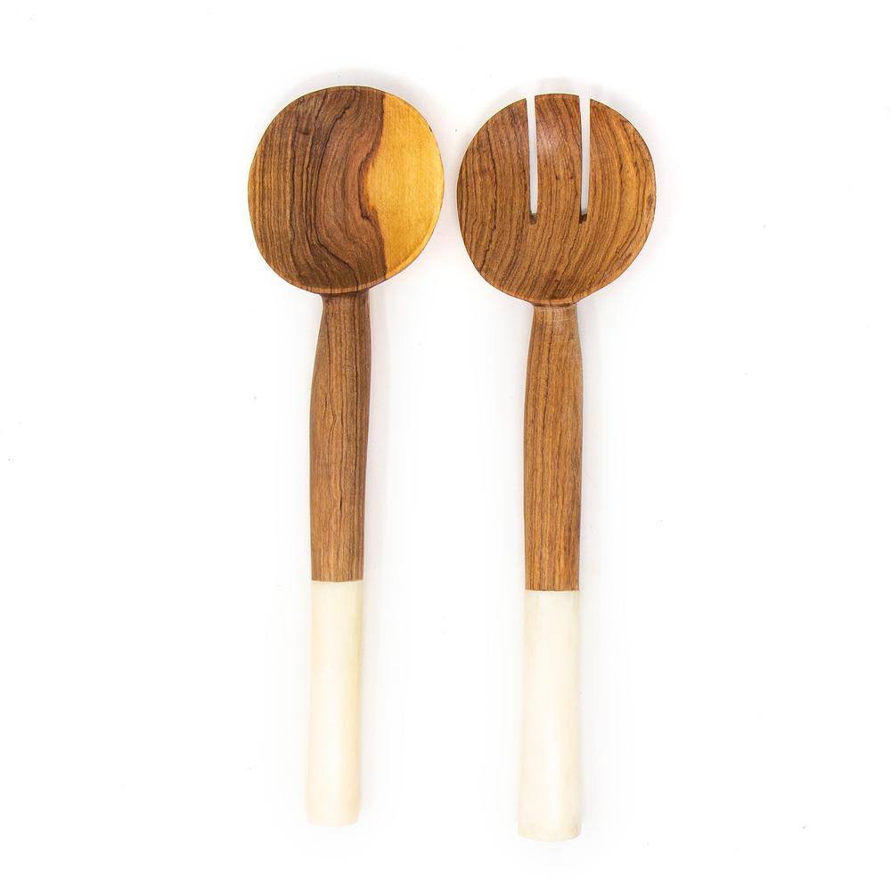 None Olive Wood 2-Piece Salad Servers with White Bone