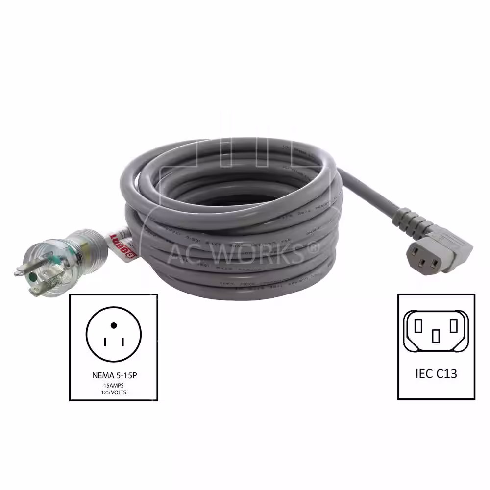 AC WORKS 15 ft. 14/3 15 Amp Medical Grade Power Cord with Left Angle IEC C13 Connector
