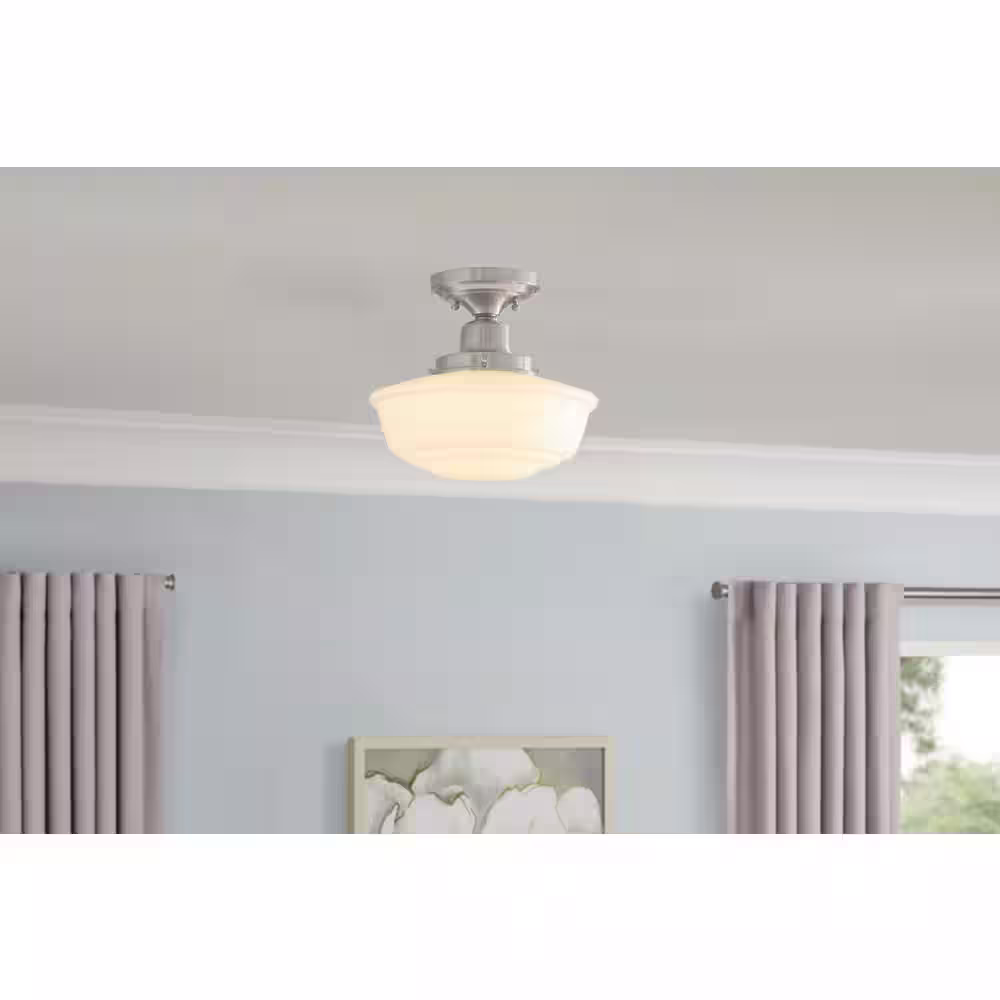 Hampton Bay Belvedere Park 11 in. 1-Light Brushed Nickel Schoolhouse Round Semi Flush Mount, Farmhouse Ceiling Light