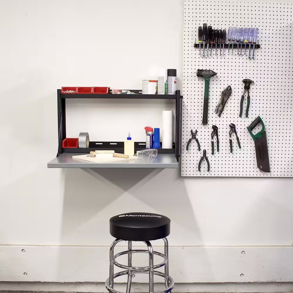 Montezuma Fold-Down Wall-Mounted Workbench with Shelves