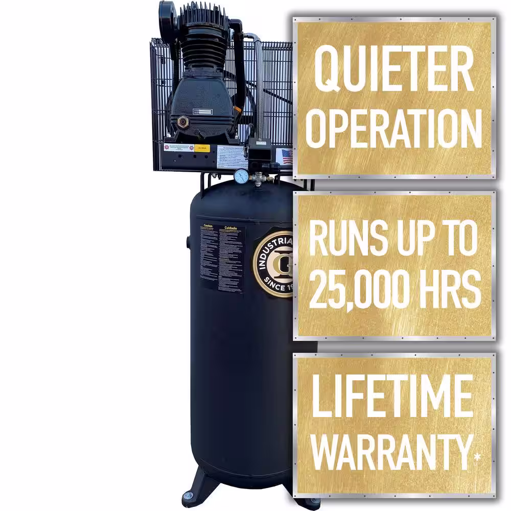 None Industrial Gold 60 Gal. 5 HP Vertical 1-Phase Low RPM 175 PSI Electric Air Compressor with Quiet Operation