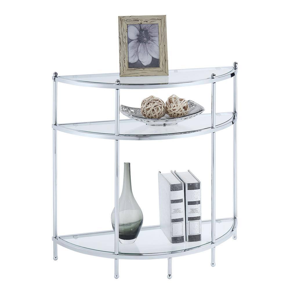 Convenience Concepts Royal Crest 30.75in Chrome Standard Height Half-Circle Glass Top Console Table with 3-Tiers
