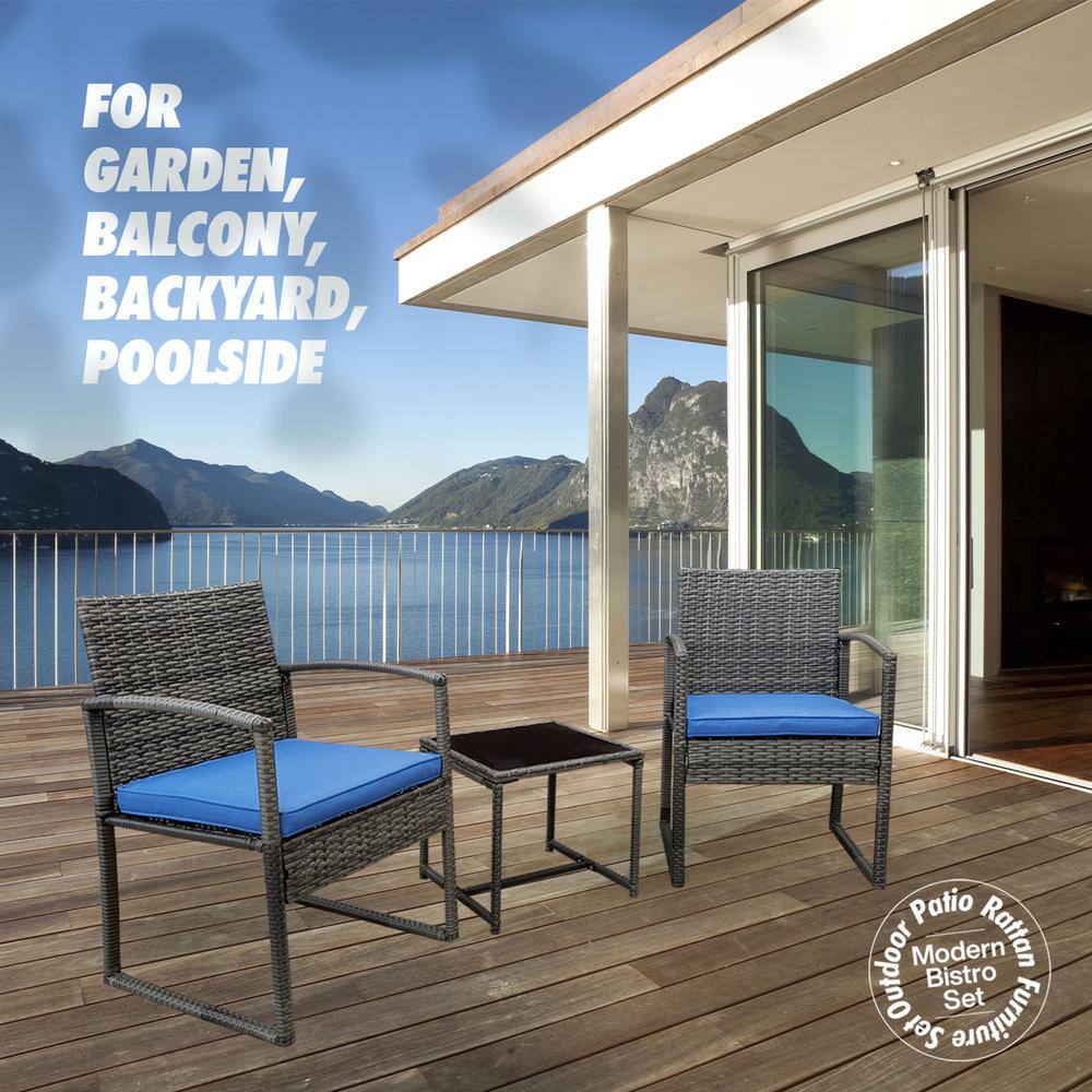 Pyramid Home Decor Vesso 3-Piece Wicker Rattan Outdoor Patio Furniture Modern Bistro Set with Coffee Table with Dark Blue Cushion